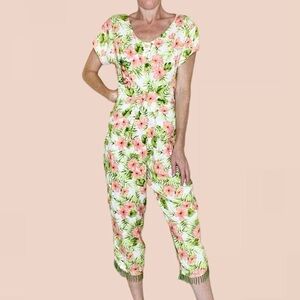 Vintage First Vision Green & Pink Hibiscus Floral Tropical Sequin Pant Shirt Set